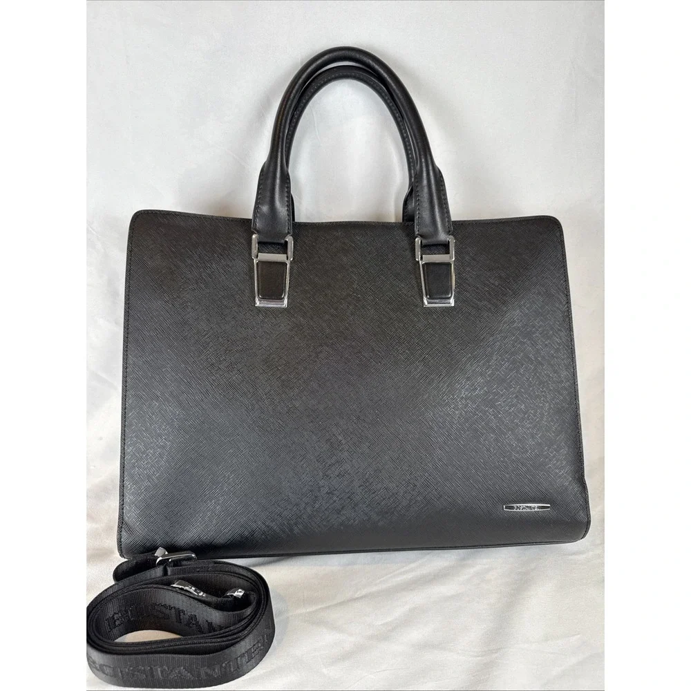 BOSTANTEN Saffiano Leather Briefcase Laptop Bag Black Tan Shoulder Strap Tote